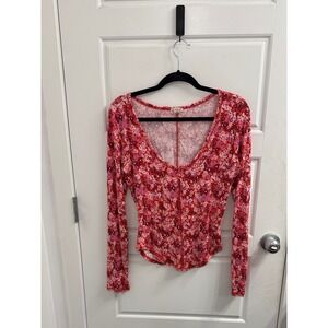Intimately Free People Womens Floral Long Sleeve V-Neck Top Pink Red Size M